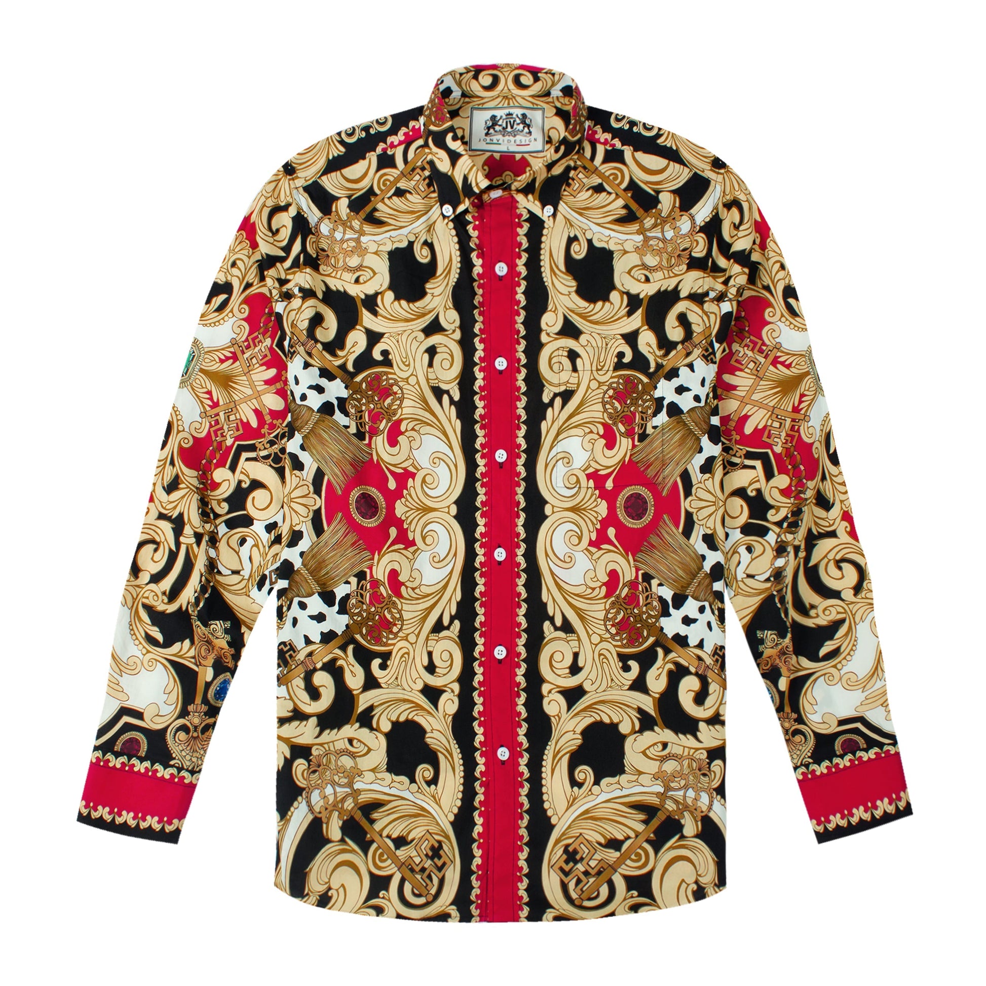 Red Baroque Pattern Long Sleeve Button Down Casual Shirt Jonvidesign