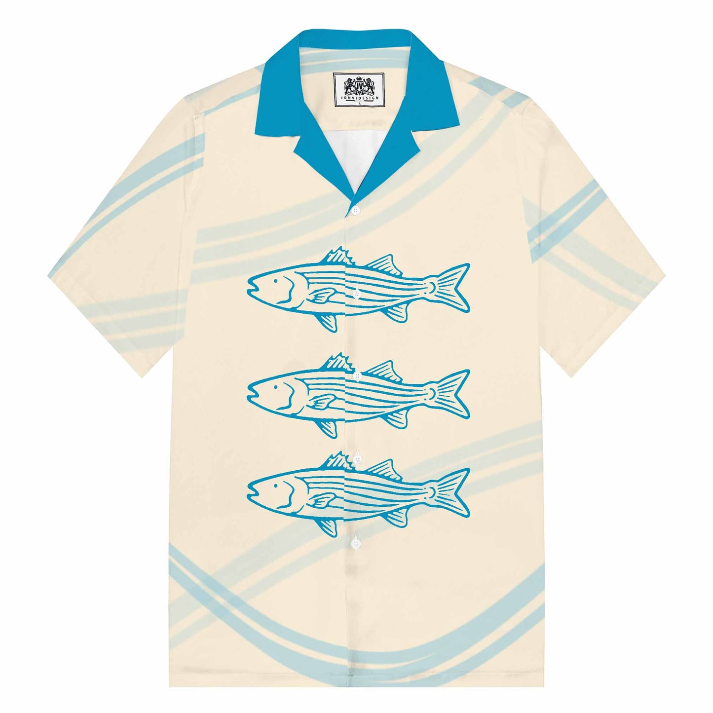 Striped Fish Print Blue Camp Collar Casual Short Sleeve Shirt