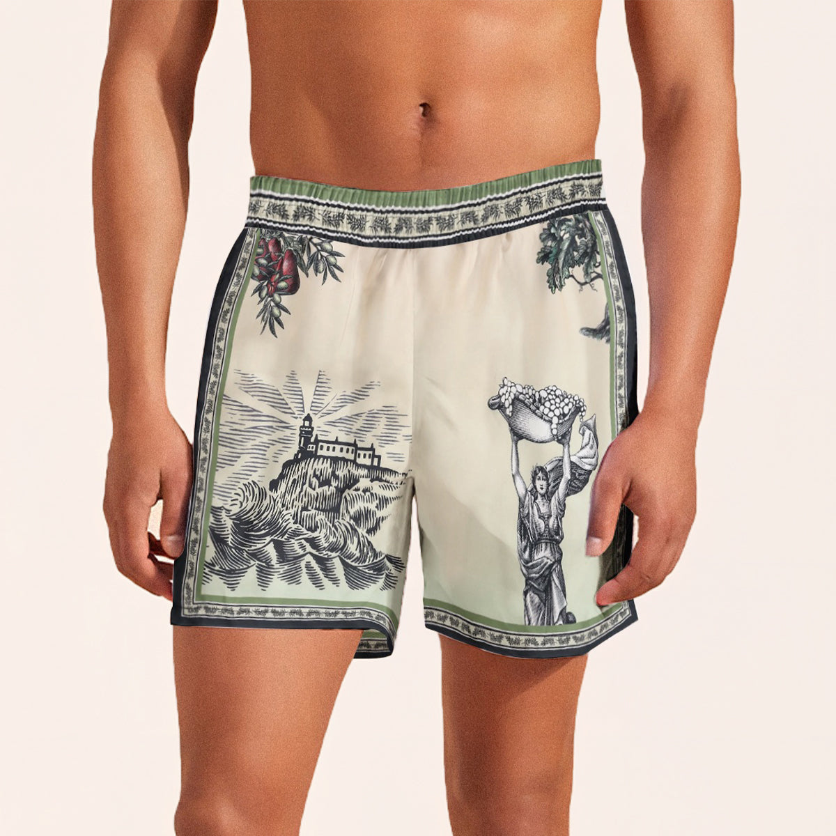 Greek Statue Olive Branch Pattern Silk Fiber Waistband Shorts