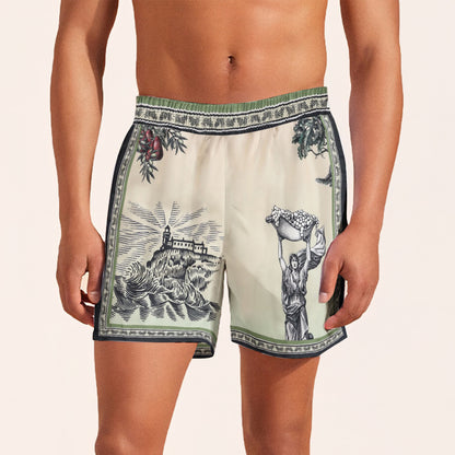 Greek Statue Olive Branch Pattern Silk Fiber Waistband Shorts