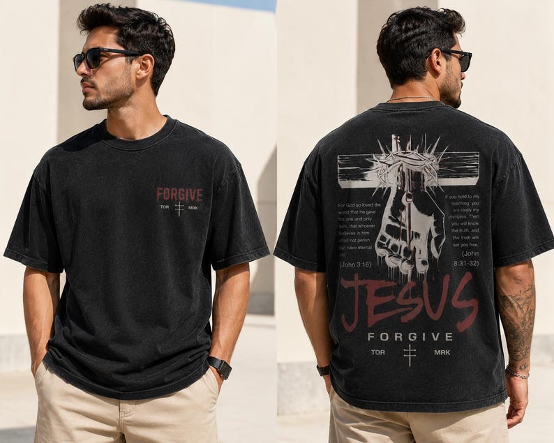 Forgive in Christ™ – Vintage Washed Black Christian T-Shirt | Jesus Cross Graphic Faith Tee | John 3:16 Scripture Shirt