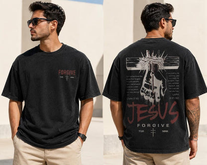 Forgive in Christ™ – Vintage Washed Black Christian T-Shirt | Jesus Cross Graphic Faith Tee | John 3:16 Scripture Shirt