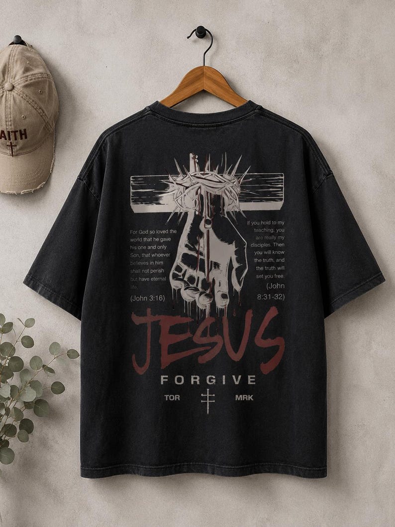 Forgive in Christ™ – Vintage Washed Black Christian T-Shirt | Jesus Cross Graphic Faith Tee | John 3:16 Scripture Shirt