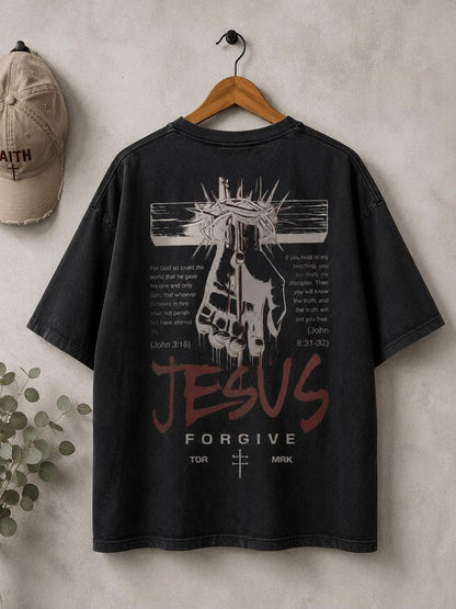 Forgive in Christ™ – Vintage Washed Black Christian T-Shirt | Jesus Cross Graphic Faith Tee | John 3:16 Scripture Shirt