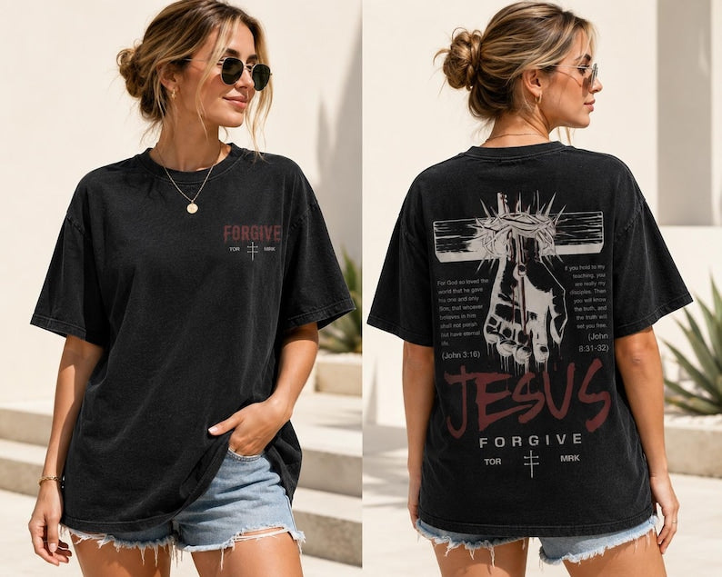 Forgive in Christ™ – Vintage Washed Black Christian T-Shirt | Jesus Cross Graphic Faith Tee | John 3:16 Scripture Shirt