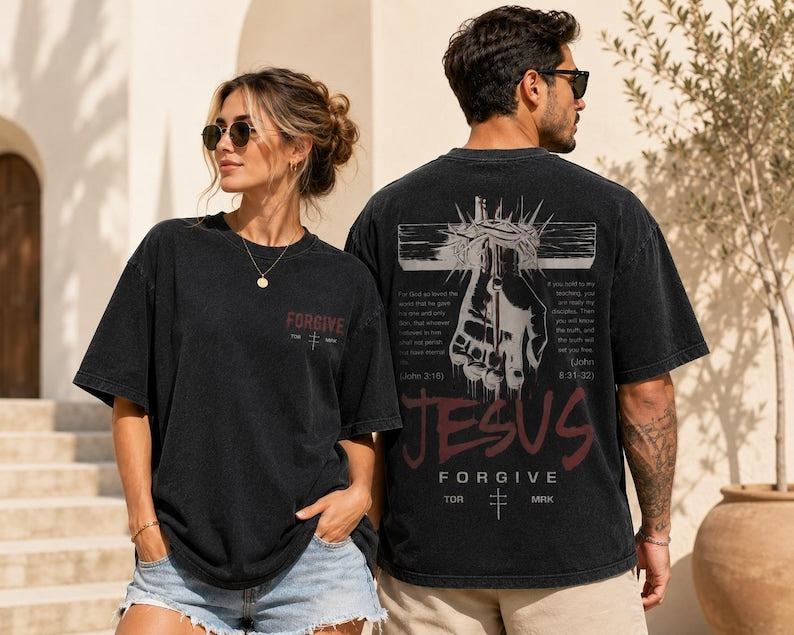 Forgive in Christ™ – Vintage Washed Black Christian T-Shirt | Jesus Cross Graphic Faith Tee | John 3:16 Scripture Shirt
