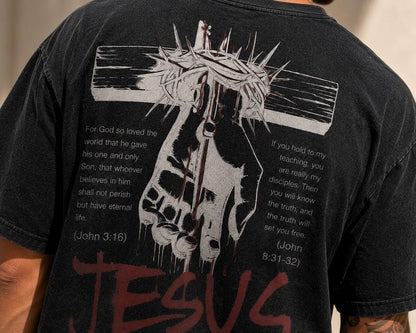 Forgive in Christ™ – Vintage Washed Black Christian T-Shirt | Jesus Cross Graphic Faith Tee | John 3:16 Scripture Shirt