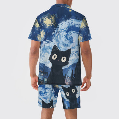 Cat Print Camp Collar Short Sleeve Shirt Abstract Art Style