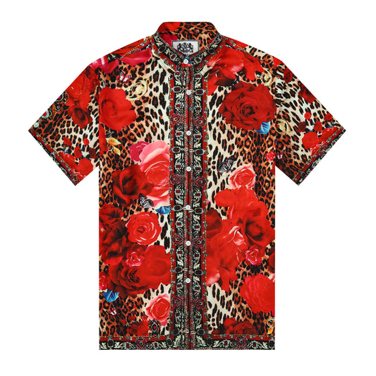Red Rose Leopard Printed Silk Fiber Short Sleeve Shirt