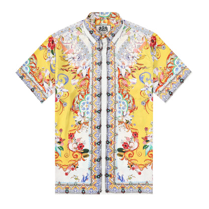 Yellow Floral Pattern Silk Fiber Short Sleeve Shirt