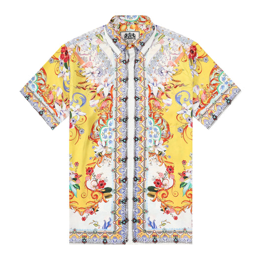 Yellow Floral Pattern Silk Fiber Short Sleeve Shirt