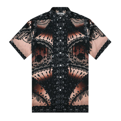 Black Beaded Lace Design Silk Fiber Short Sleeve Shirt