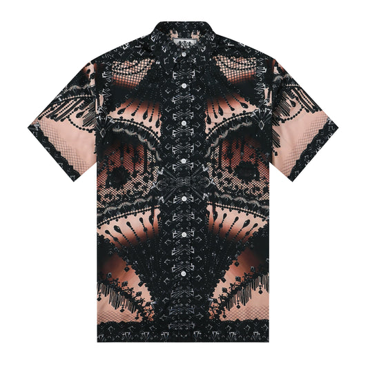 Black Beaded Lace Design Silk Fiber Short Sleeve Shirt