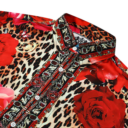 Red Rose Leopard Printed Silk Fiber Short Sleeve Shirt
