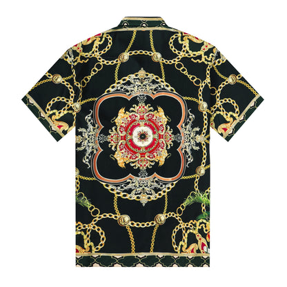 Golden Baroque Silk Fiber Short Sleeve Shirt with Chain Accent