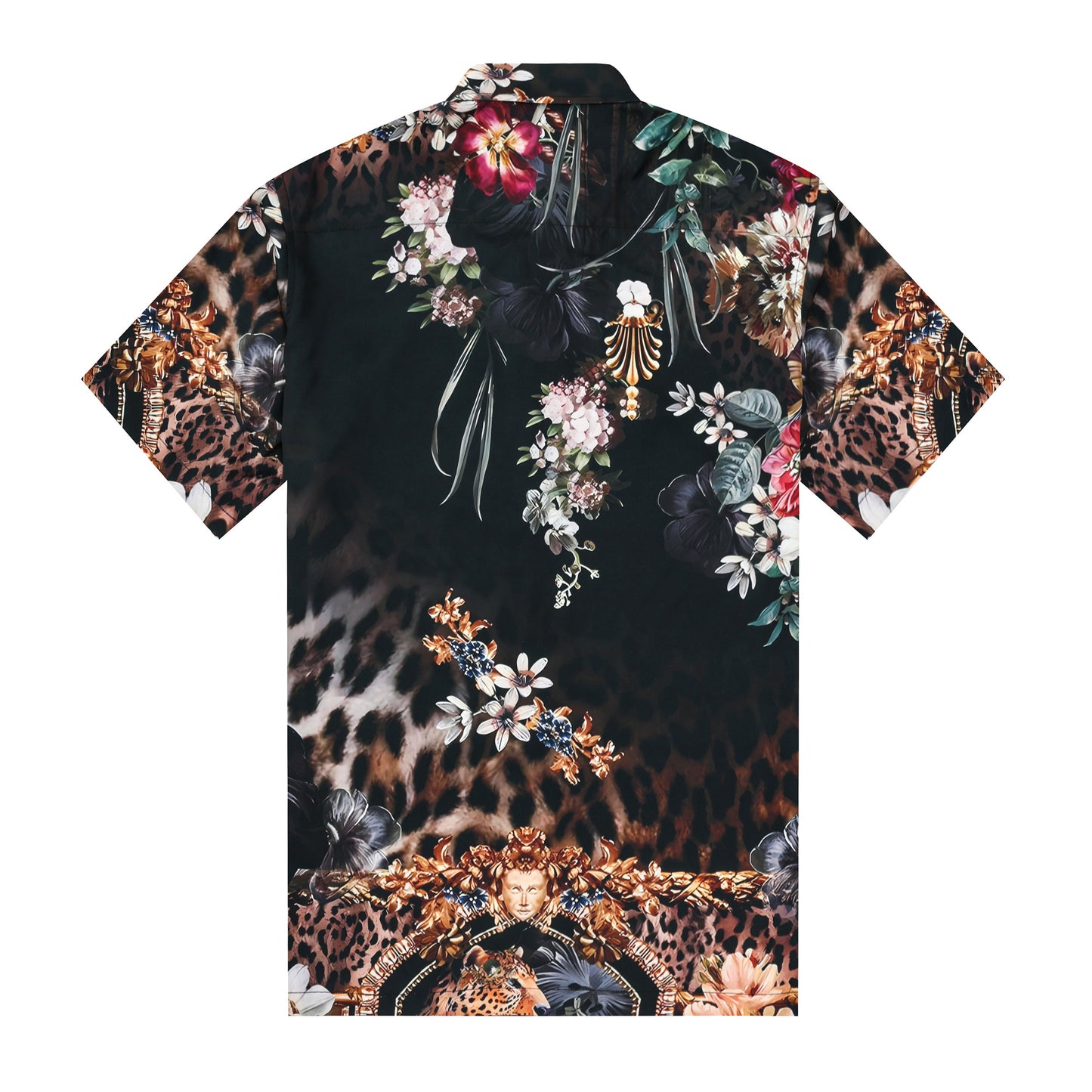 Leopard Printed Floral Silk Fiber Short Sleeve Casual Shirt