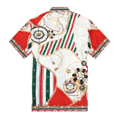 Red Green Chain Pattern Silk Fiber Short Sleeve Shirt