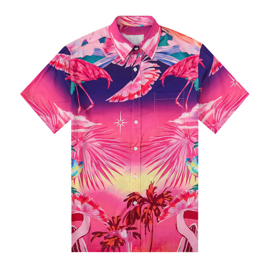 Tropical Flamingo Silk Fiber Short Sleeve Casual Shirt