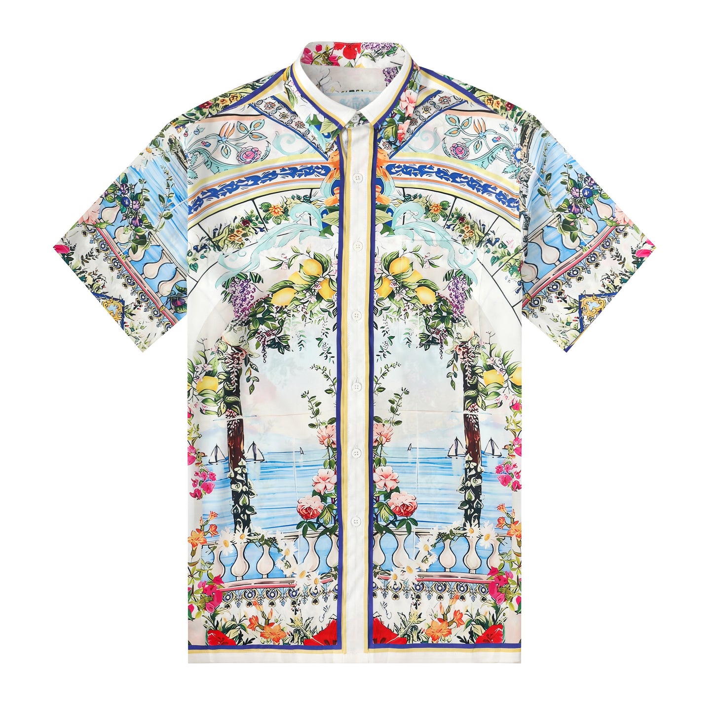Resort Lemon Arch Door Silk Fiber Short Sleeve Shirt