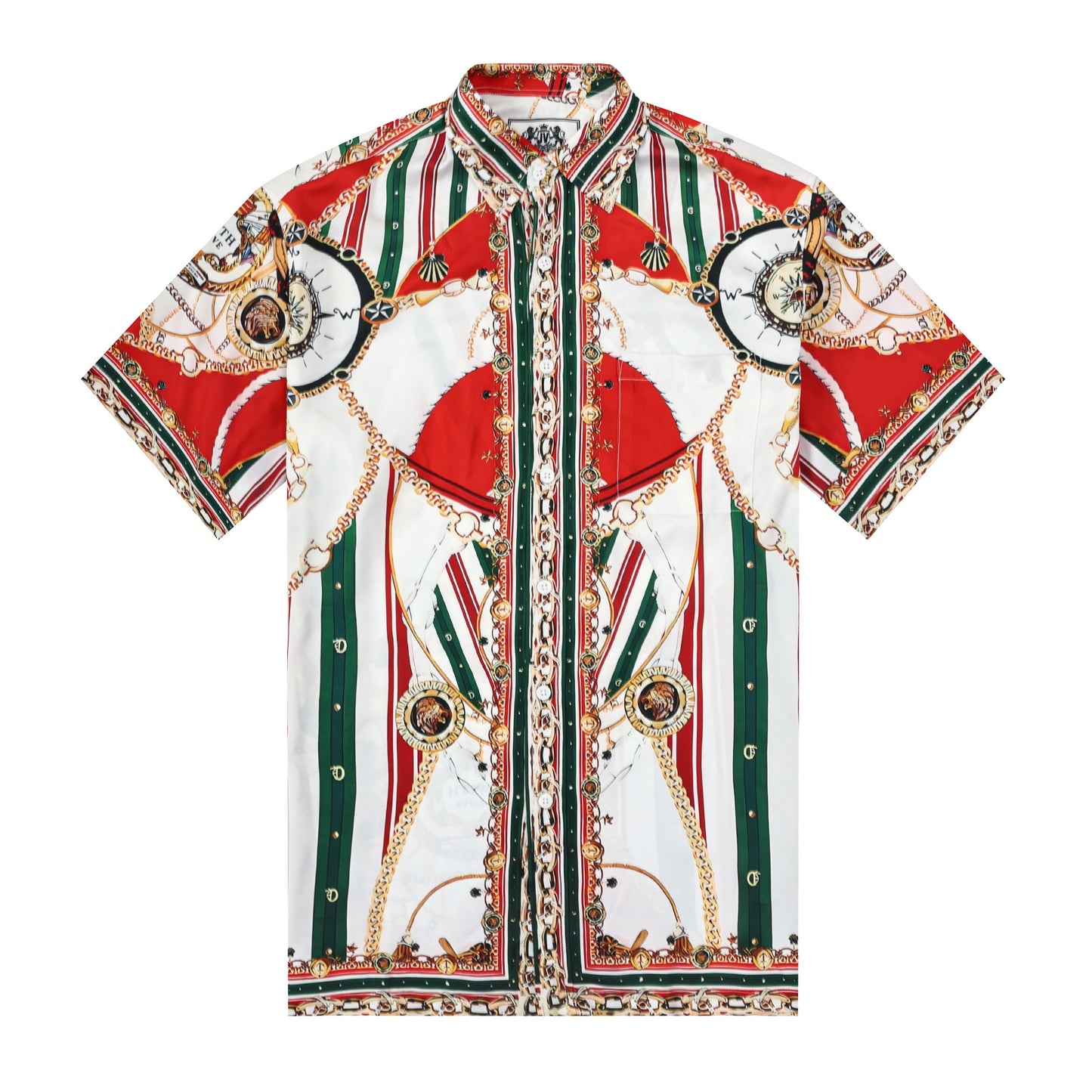 Red Green Chain Pattern Silk Fiber Short Sleeve Shirt