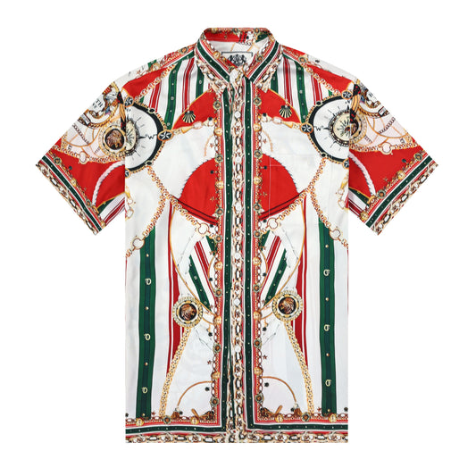 Red Green Chain Pattern Silk Fiber Short Sleeve Shirt
