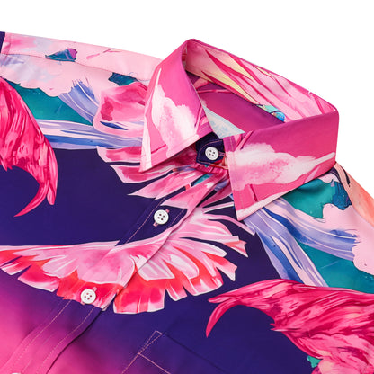 Tropical Flamingo Silk Fiber Short Sleeve Casual Shirt