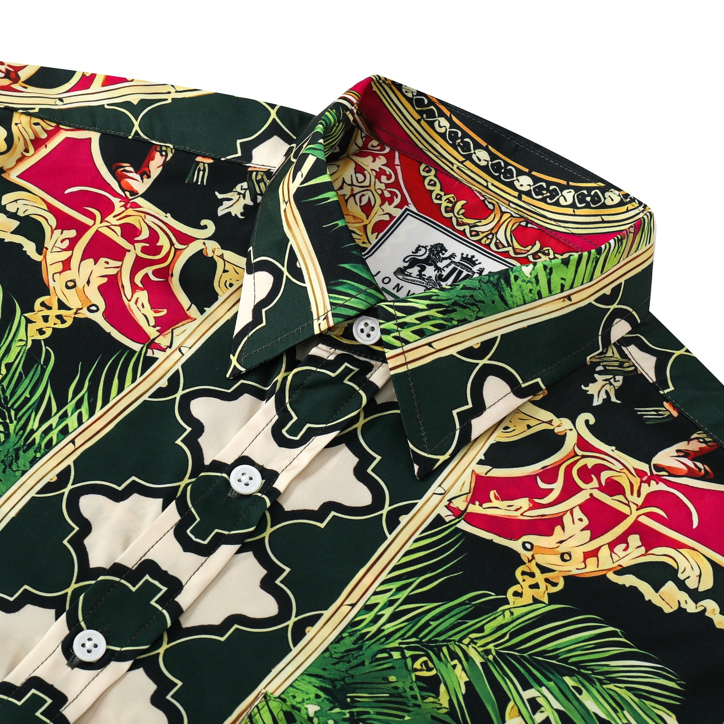 Golden Baroque Silk Fiber Short Sleeve Shirt with Chain Accent