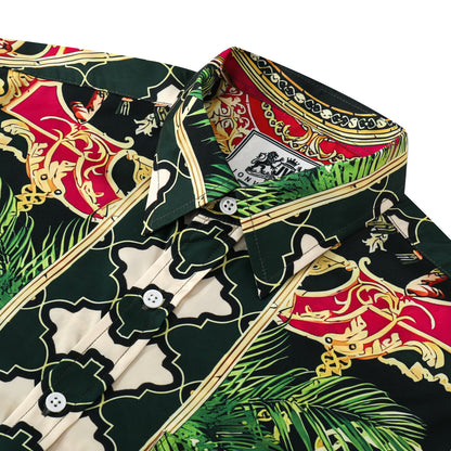 Golden Baroque Silk Fiber Short Sleeve Shirt with Chain Accent