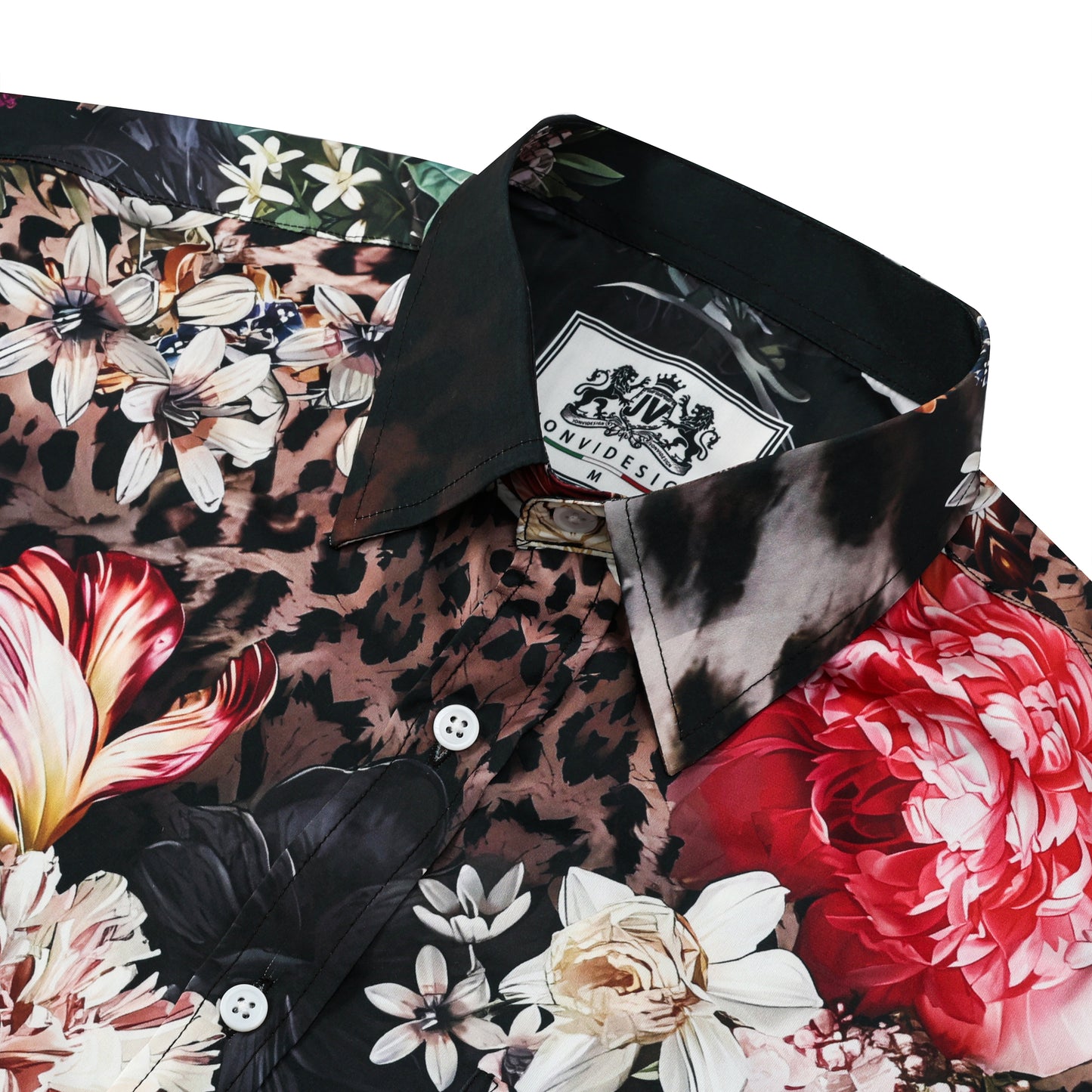 Leopard Printed Floral Silk Fiber Short Sleeve Casual Shirt