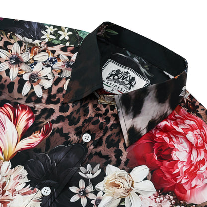 Leopard Printed Floral Silk Fiber Short Sleeve Casual Shirt