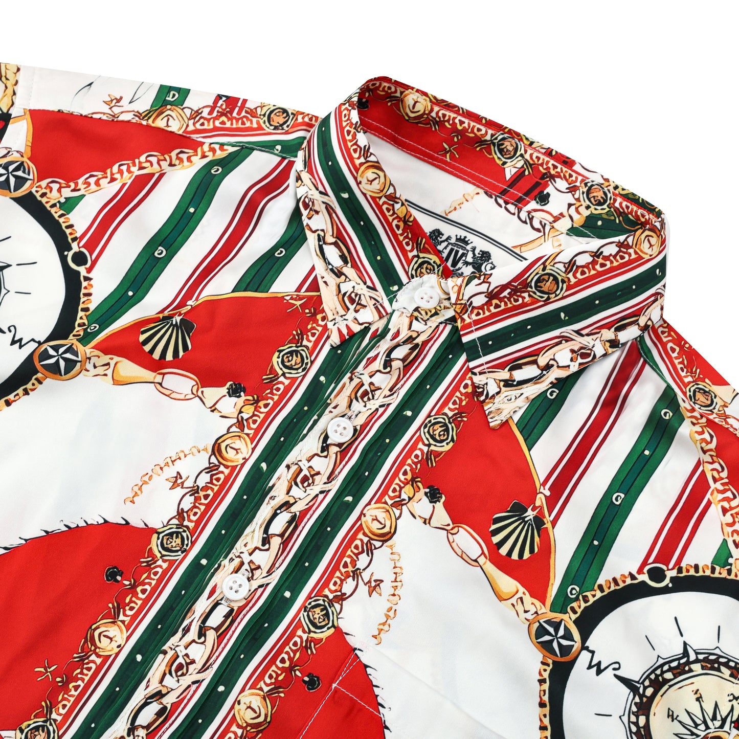 Red Green Chain Pattern Silk Fiber Short Sleeve Shirt