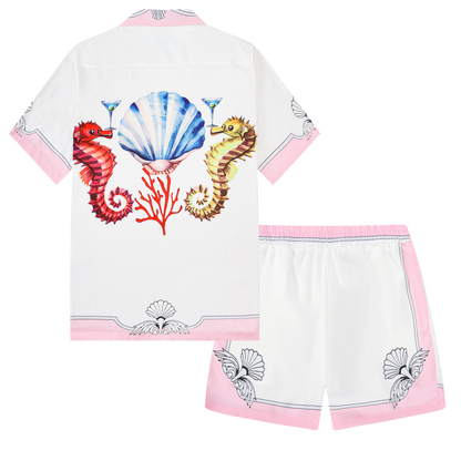 Marine Seahorse Pattern Pink Waistband Shorts