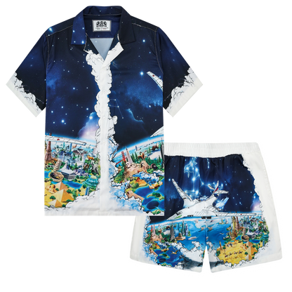 Airplane Starry Night Pattern Waistband Shorts