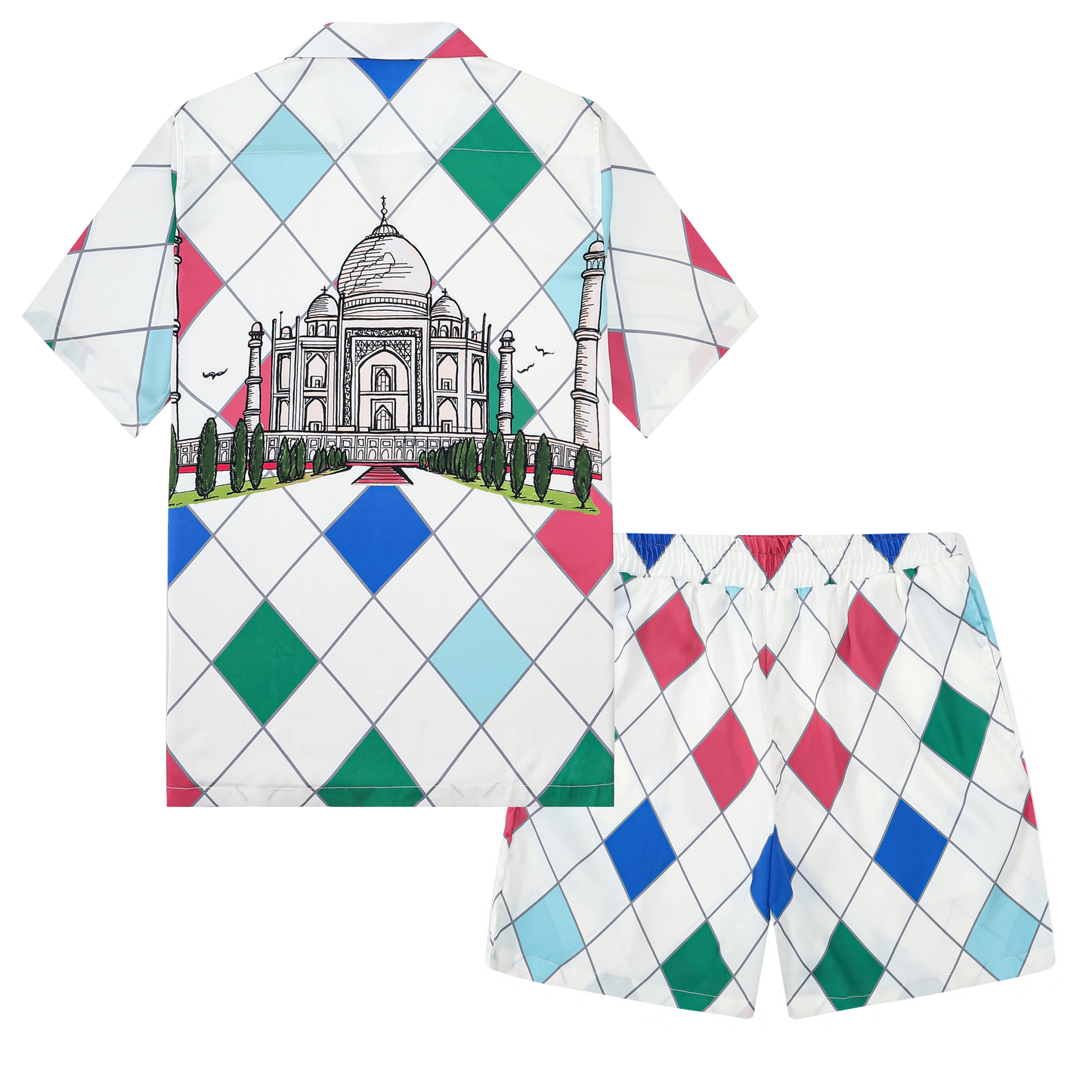 Multicolor Castle Pattern Silk Fiber Short Sleeve Camp Collar Shirt