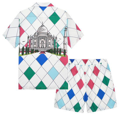 Multicolor Castle Pattern Silk Fiber Short Sleeve Camp Collar Shirt