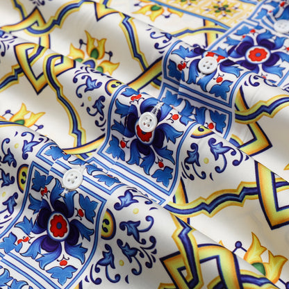 Floral Pattern Silk Fiber Short Sleeve Camp Collar Shirt